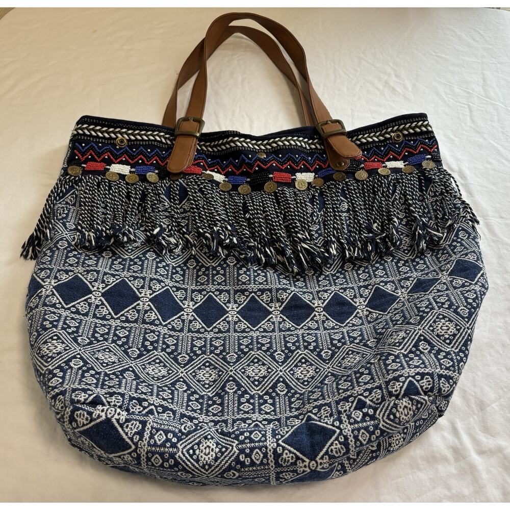 BOHO Woven Tote Beach Bag Fringe Beaded Red White & Blue Poolside Vacation Hobo